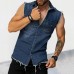 Men's Vintage Washed Raw Edge Lapel Sleeveless Denim Shirt 47486407M